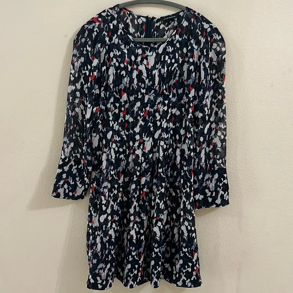 Club Monaco Women 8 Paint Splatter Navy‎ Mini Sheer Zipper Pleated 💯 Silk Dress